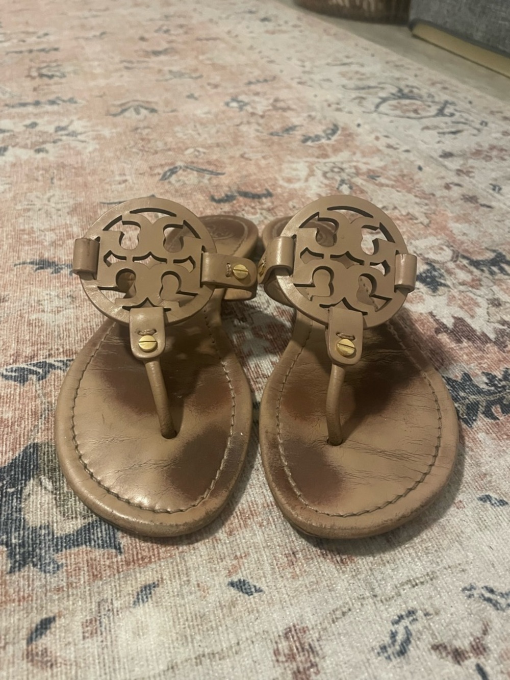 Tory Burch Beige Logo Thong Sandals with Gold Accents